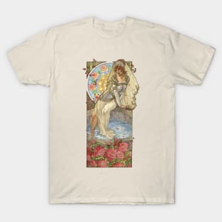 Lady of June Summer Solstice Bride with Sun Wheel and Roses Mucha Inspired Birthstone Series T-Shirt